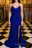 Shiny Blue Sequins Mermaid Backless Long Evening Prom Dress with High Slit, Mermaid Blue Formal Dress, Blue Evening Dress