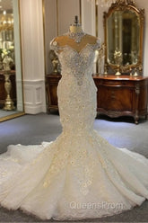 Shiny Crystal High Neck Floral Wedding Dress Sheer Tulle Sleeveless Mermaid Bridal Gowns