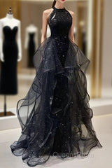 Shiny Halter Sequin Tulle Layered Long Evening Prom Dress Black Evening Dress Wedding Dress