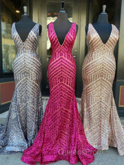 Shiny Mermaid Long V Neck Red Sequins Evening Prom Dress