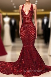 Shiny Mermaid Long V Neck Red Sequins Evening Prom Dress