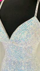 Shiny Mermaid Sequins Long White Evening Prom Dress V Neck Sleeveless Formal Dress