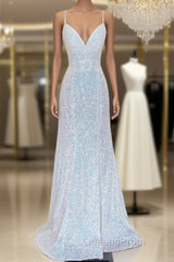 Shiny Mermaid Sequins Long White Evening Prom Dress V Neck Sleeveless Formal Dress