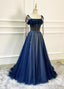 Shiny Navy Blue Tulle Straps Long Prom Dresses Party Dresses, A-line Beaded Prom Dresses