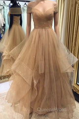 Shiny Off Shoulder Champagne Long Evening Prom Dress, Off the Shoulder Champagne Formal Dress, Fluffy Champagne Evening Dress