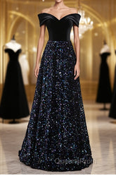 Shiny Off the Shoulder Black Evening Prom Dress with Corset Back, Shiny Black Long Formal Evening Dress