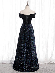 Shiny Off the Shoulder Black Evening Prom Dress with Corset Back, Shiny Black Long Formal Evening Dress