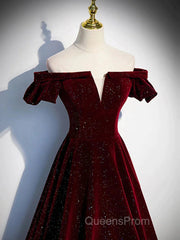 Shiny Off The Shoulder Burgundy Long Evening Prom Dress, Wine Red Long Formal Evening Dress