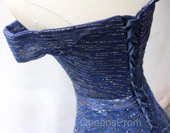 Shiny Off the Shoulder Navy Blue Long Evening Prom Dress, Off Shoulder Blue Formal Evening Dress