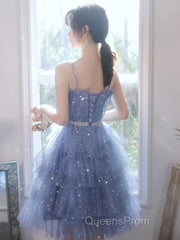 Shiny Short Puffy Blue Evening Prom Dress A-Line Puffy Homecoming Dress