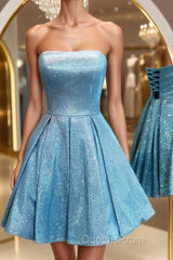 Shiny Strapless Blue Short Evening Prom Dress, Open Back Blue Homecoming Dress, Blue Formal Evening Dress