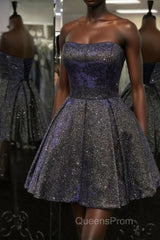 Shiny Strapless Open Back Short Black Evening Prom Dress, Open Back Black Homecoming Dress, Black Formal Evening Dress