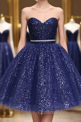 Shiny Strapless Sweetheart Neck Blue Short Evening Prom Homecoming Dress with Belt, Sparkly Blue Formal Evening Dress