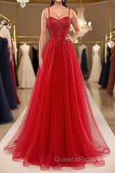 Shiny Sweetheart Neck Red Tulle Beaded Long Evening Prom Dress, Open Back Red Tulle Formal Graduation Evening Dress