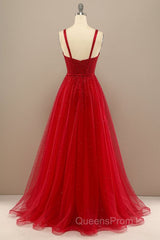 Shiny Sweetheart Neck Red Tulle Beaded Long Evening Prom Dress, Open Back Red Tulle Formal Graduation Evening Dress
