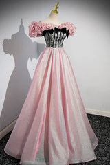 Shiny Tulle Long A-Line Pink Corset Prom Dress, Off the Shoulder Evening Party Dress