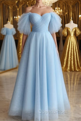 Shiny Tulle Off the Shoulder Tea Length Evening Prom Dress, Homecoming Dress, Off Shoulder Formal Graduation Evening Dress