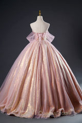 Shiny Tulle Sequins Long Evening Prom Dress, Beautiful Pink Formal Dress Sweet 16 Dress