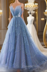 Shiny Tulle V Neck Blue Long Evening Prom Dress, Blue Tulle Formal Evening Dress, Blue Ball Gown
