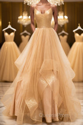 Shiny V Neck Backless Golden Long Evening Prom Dress, Backless Golden Formal Dress, Golden Evening Dress