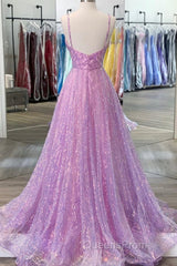 Shiny V Neck Backless Long Purple Evening Prom Dress, Backless Lilac Formal Graduation Evening Dress