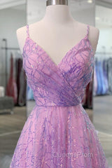 Shiny V Neck Backless Long Purple Evening Prom Dress, Backless Lilac Formal Graduation Evening Dress