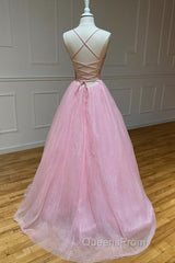 Shiny V Neck Backless Pink Long Evening Prom Dress, Backless Pink Formal Graduation Evening Dress