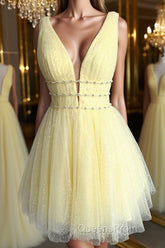 Shiny V Neck Open Back Yellow Tulle Short Evening Prom Dress, V Neck Yellow Formal Graduation Homecoming Dress