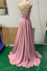Shiny V Neck Pink Long Evening Prom Dress, Pink V Neck Long Formal Evening Dress