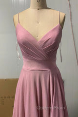 Shiny V Neck Pink Long Evening Prom Dress, Pink V Neck Long Formal Evening Dress