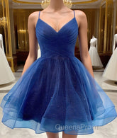 Shiny V Neck Short Blue Green White Evening Prom Dress, Shiny Short V Neck Formal Homecoming Dress