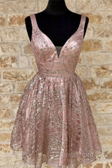 Shiny V Neck Short Champagne Evening Prom Dress, Short V Neck Champagne Graduation Formal Dress