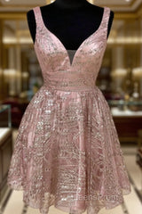 Shiny V Neck Short Champagne Evening Prom Dress, Short V Neck Champagne Graduation Formal Dress