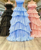 Candy Pink Tulle A-line Strapless Ruffles layers Long Evening Prom Dress