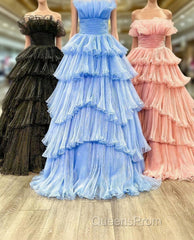 Candy Pink Tulle A-line Strapless Ruffles layers Long Evening Prom Dress