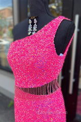 Fuchsia One Shoulder Sequins Tassels Cut-Out Long Evening Prom Dress with Slit