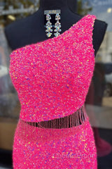 Fuchsia One Shoulder Sequins Tassels Cut-Out Long Evening Prom Dress with Slit