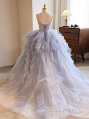 Blue Tulle Long Evening Prom Gown, Blue Tulle Long Sweet 16 Dress