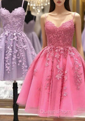 Short A Line Thin Straps Lace Evening Prom Dress, Lace Homecoming Dress, Short Formal Evening Dress