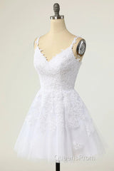 Short A-line V-neck Tulle Lace Backless Evening Prom Dress white Homecoming Dress