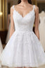 Short A-line V-neck Tulle Lace Backless Evening Prom Dress white Homecoming Dress