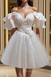 Short Beige Evening Prom Dress, Beige Tulle Lace Homecoming Dress