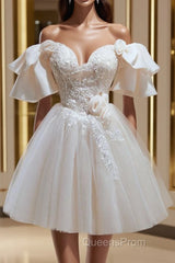 Short Beige Evening Prom Dress, Beige Tulle Lace Homecoming Dress