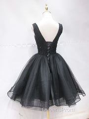 Short Black Lace Evening Prom Dress, Short Black Lace Homecoming Graduation Dress