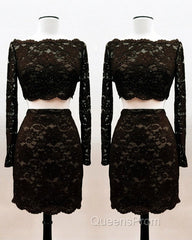 Short Black Lace Two Piece Evening Prom Dress