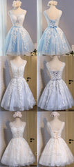 Short Blue Floral Prints Appliques Sleeveless Scoop Neckline Lace Up Back For Teen Lovely Homecoming Dress
