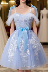 Short Blue Lace Evening Prom Dress, Short Blue Lace Formal Graduation Dress