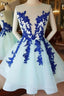Short Blue Lace Tulle Evening Prom Dress, Short Blue Lace Homecoming Graduation Dress