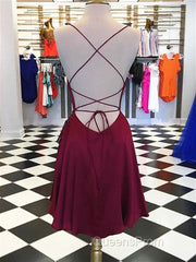 Short Burgundy Backless Evening Prom Dress, Short Burgundy Backless Formal Graduation Homecoming Dress
