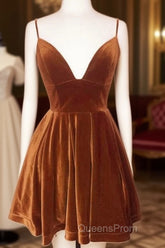 Short Burnt Orange Velvet Homecoming Dress